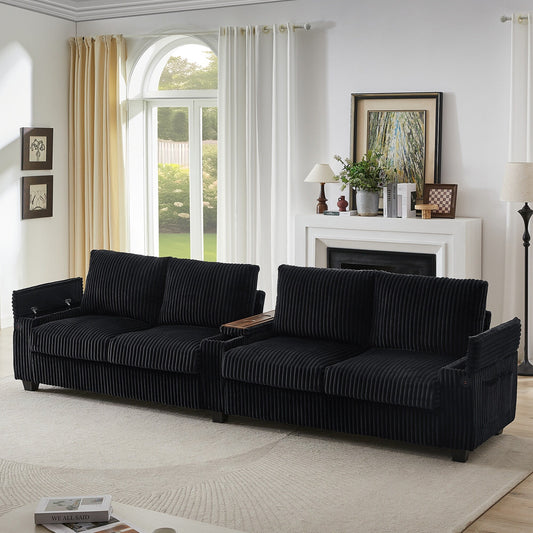 Roomfitters 4-Seater Corduroy Modern Sofa Couch with USB Ports Hidden Storage Arms & Flip-Top Cup Holders for Living Room
