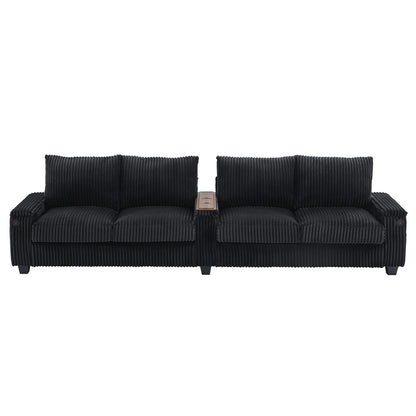 Roomfitters 4-Seater Corduroy Modern Sofa Couch with USB Ports Hidden Storage Arms & Flip-Top Cup Holders for Living Room