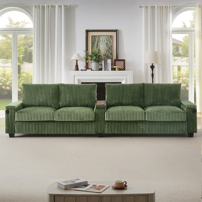 Roomfitters 4-Seater Corduroy Modern Sofa Couch with USB Ports Hidden Storage Arms & Flip-Top Cup Holders for Living Room