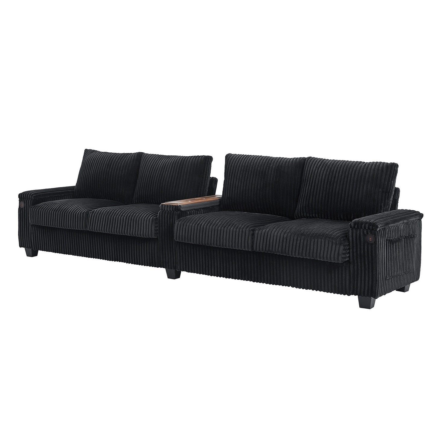 Roomfitters 4-Seater Corduroy Modern Sofa Couch with USB Ports Hidden Storage Arms & Flip-Top Cup Holders for Living Room