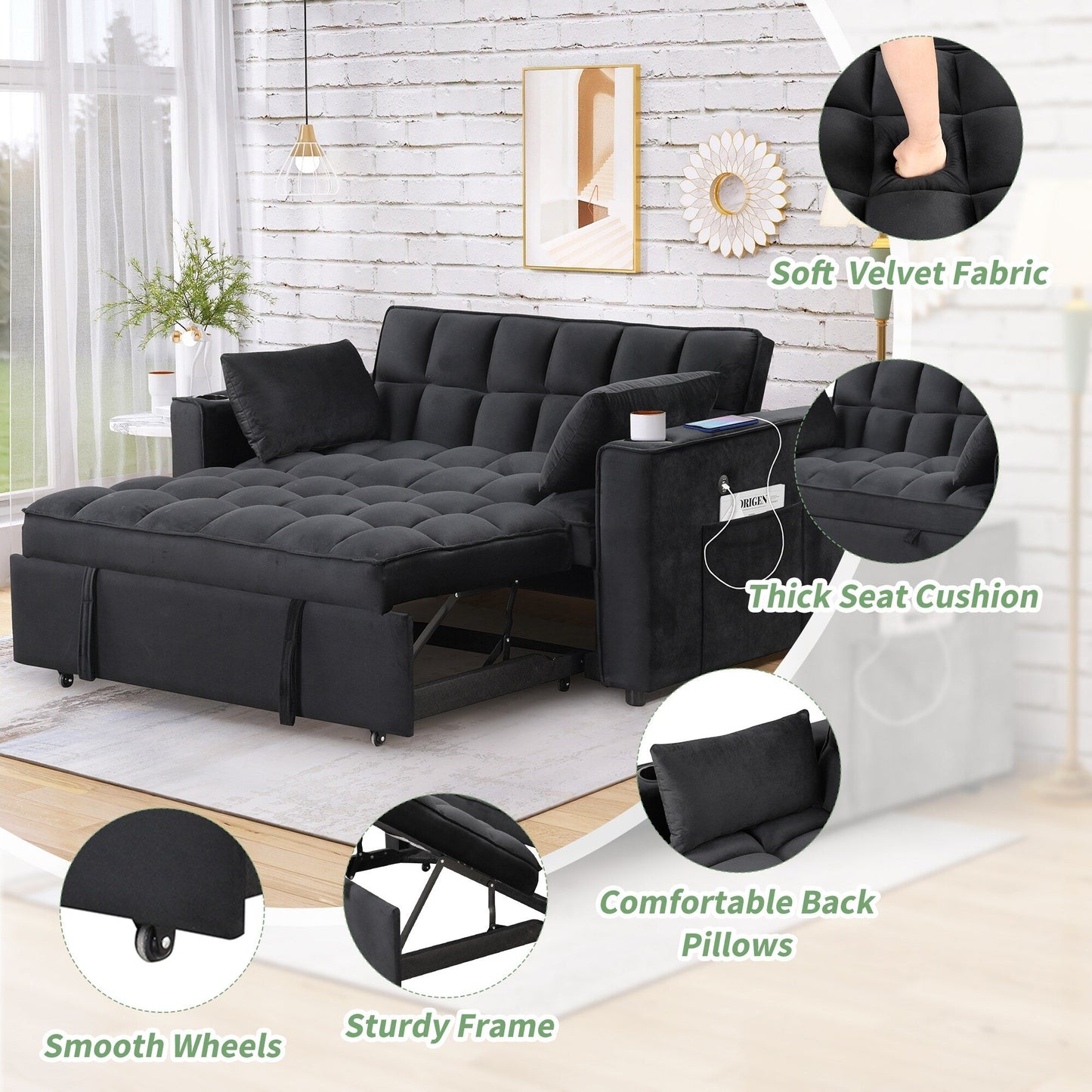 Roomfitters 58 4-1 Multi-functional Sofa Bed with Cup Holder and USB Port for Living Room or Apartments