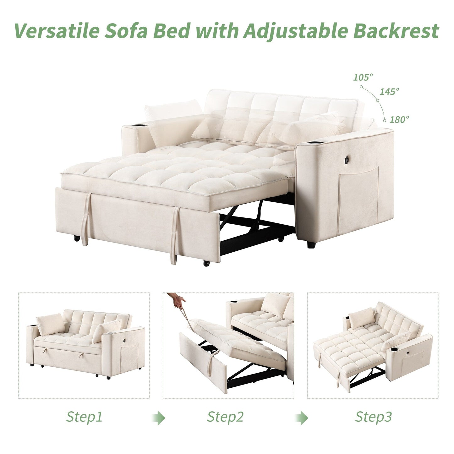 Roomfitters 58 4-1 Multi-functional Sofa Bed with Cup Holder and USB Port for Living Room or Apartments