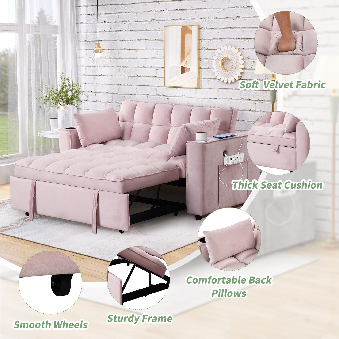 Roomfitters 58 4-1 Multi-functional Sofa Bed with Cup Holder and USB Port for Living Room or Apartments