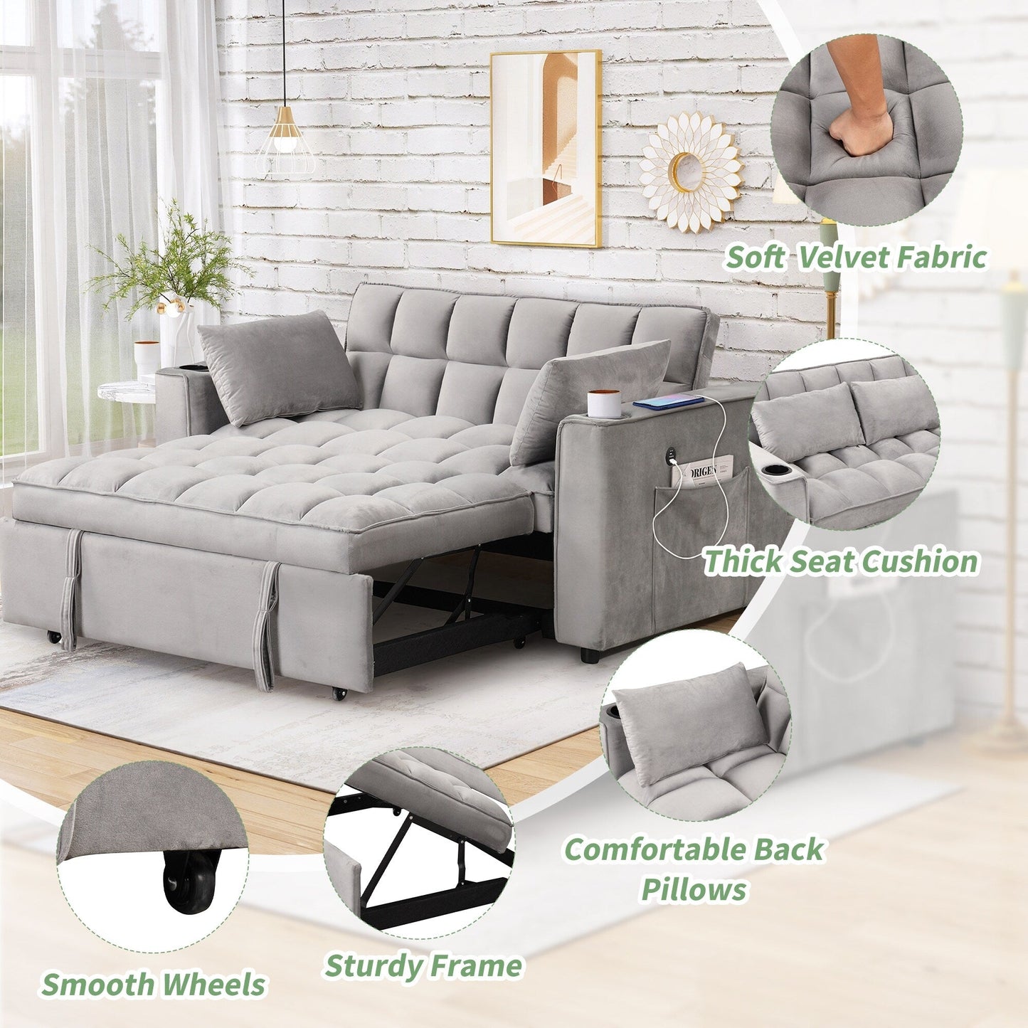 Roomfitters 58 4-1 Multi-functional Sofa Bed with Cup Holder and USB Port for Living Room or Apartments