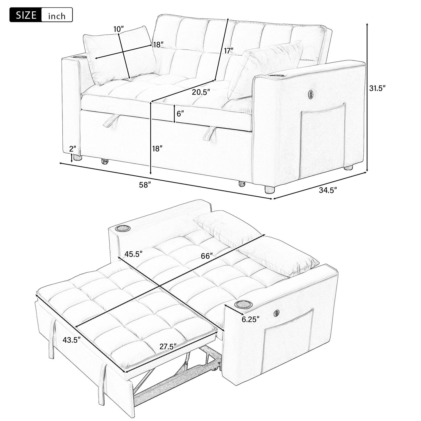 Roomfitters 58 4-1 Multi-functional Sofa Bed with Cup Holder and USB Port for Living Room or Apartments