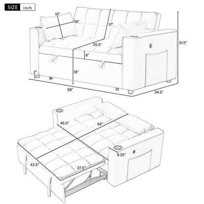Roomfitters 58 4-1 Multi-functional Sofa Bed with Cup Holder and USB Port for Living Room or Apartments