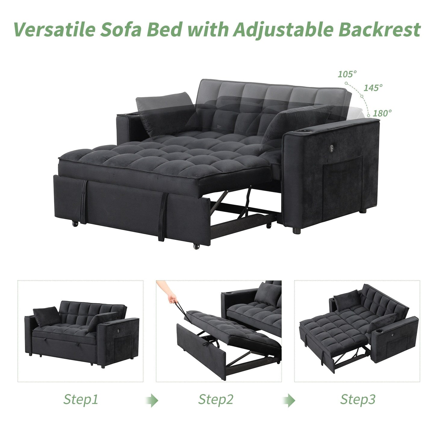 Roomfitters 58 4-1 Multi-functional Sofa Bed with Cup Holder and USB Port for Living Room or Apartments