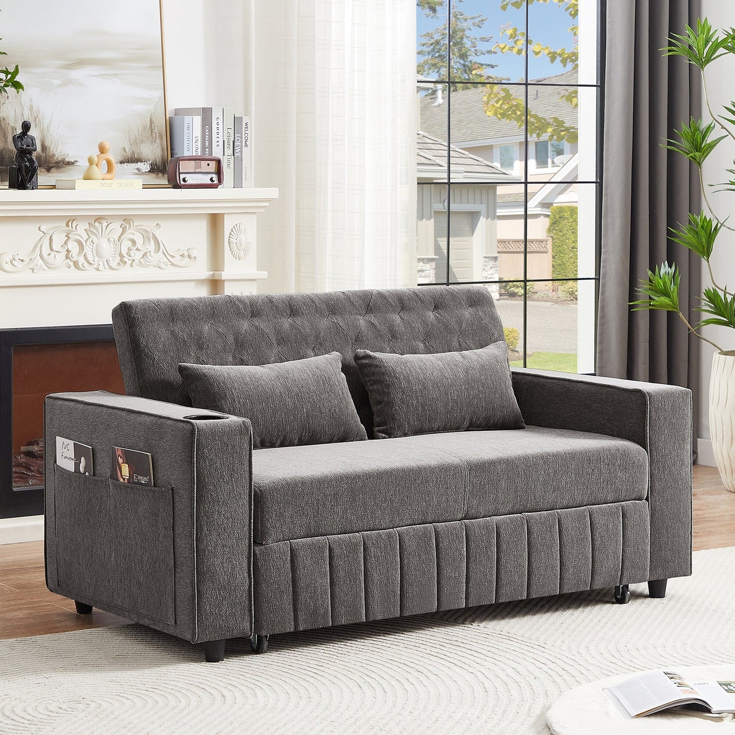 Roomfitters 61.4 Pull-Out Convertible Loveseat Sofa Bed with Adjustable Backrest for Living Room