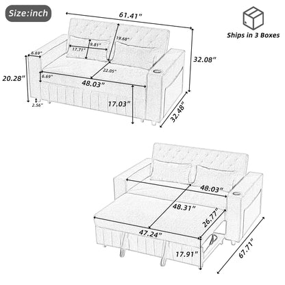Roomfitters 61.4 Pull-Out Convertible Loveseat Sofa Bed with Adjustable Backrest for Living Room
