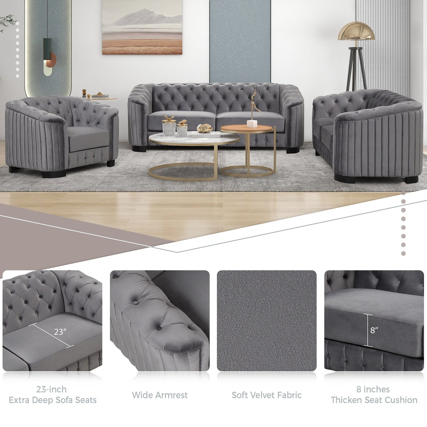 Roomfitters 82.4 Mid Century Modern Velvet Sofa Couch with Rubber Wood Legs and Thick Removable Seat Cushion, 3-Seater