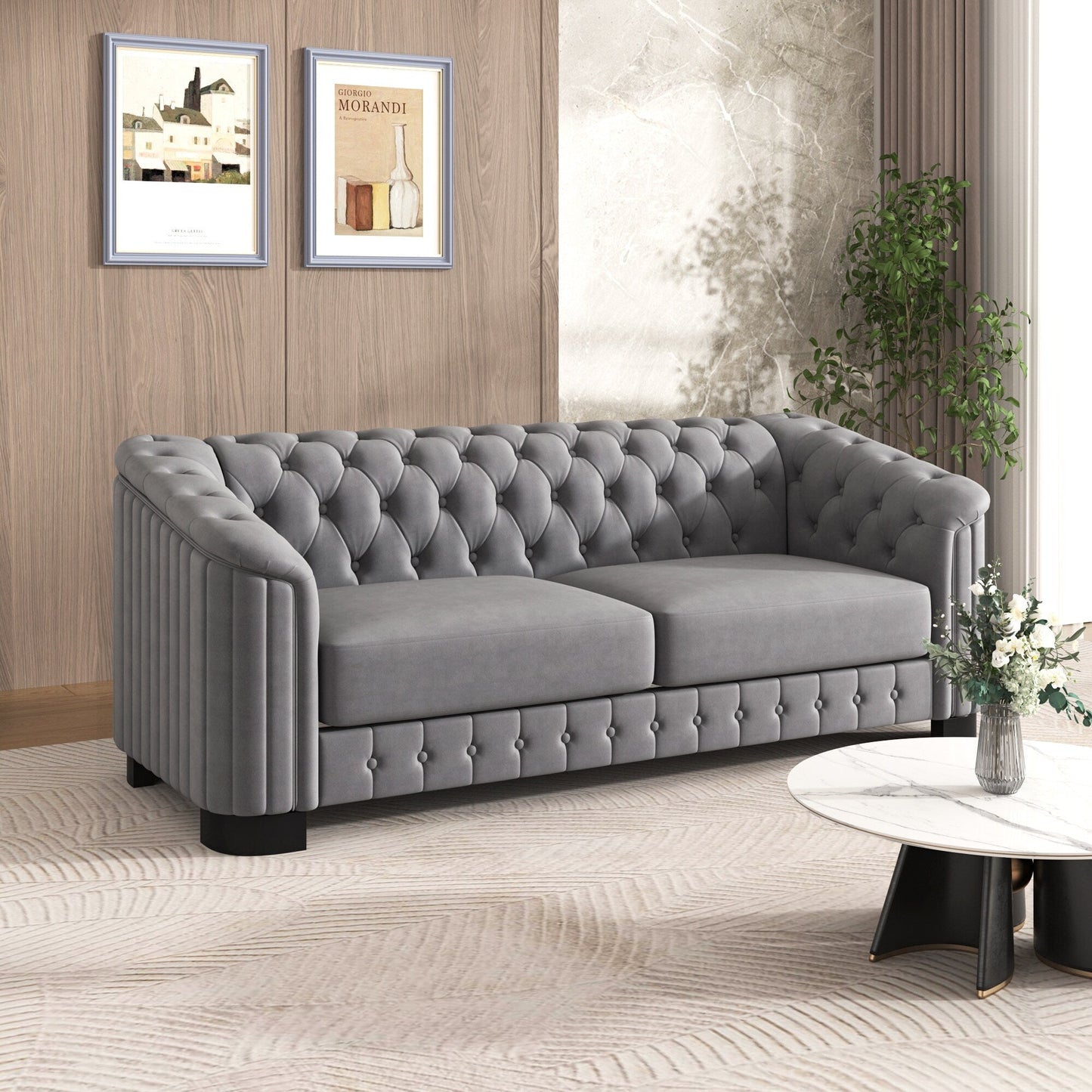 Roomfitters 82.4 Mid Century Modern Velvet Sofa Couch with Rubber Wood Legs and Thick Removable Seat Cushion, 3-Seater
