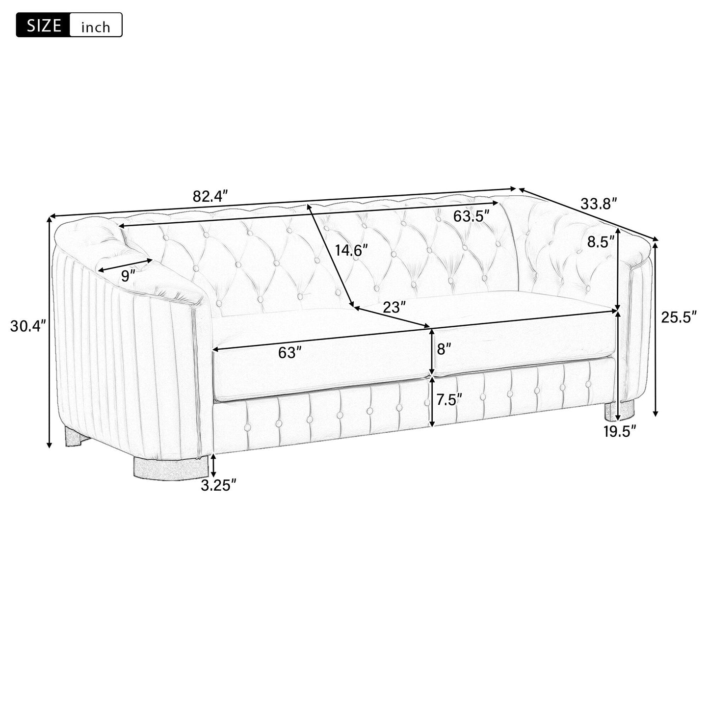 Roomfitters 82.4 Mid Century Modern Velvet Sofa Couch with Rubber Wood Legs and Thick Removable Seat Cushion, 3-Seater
