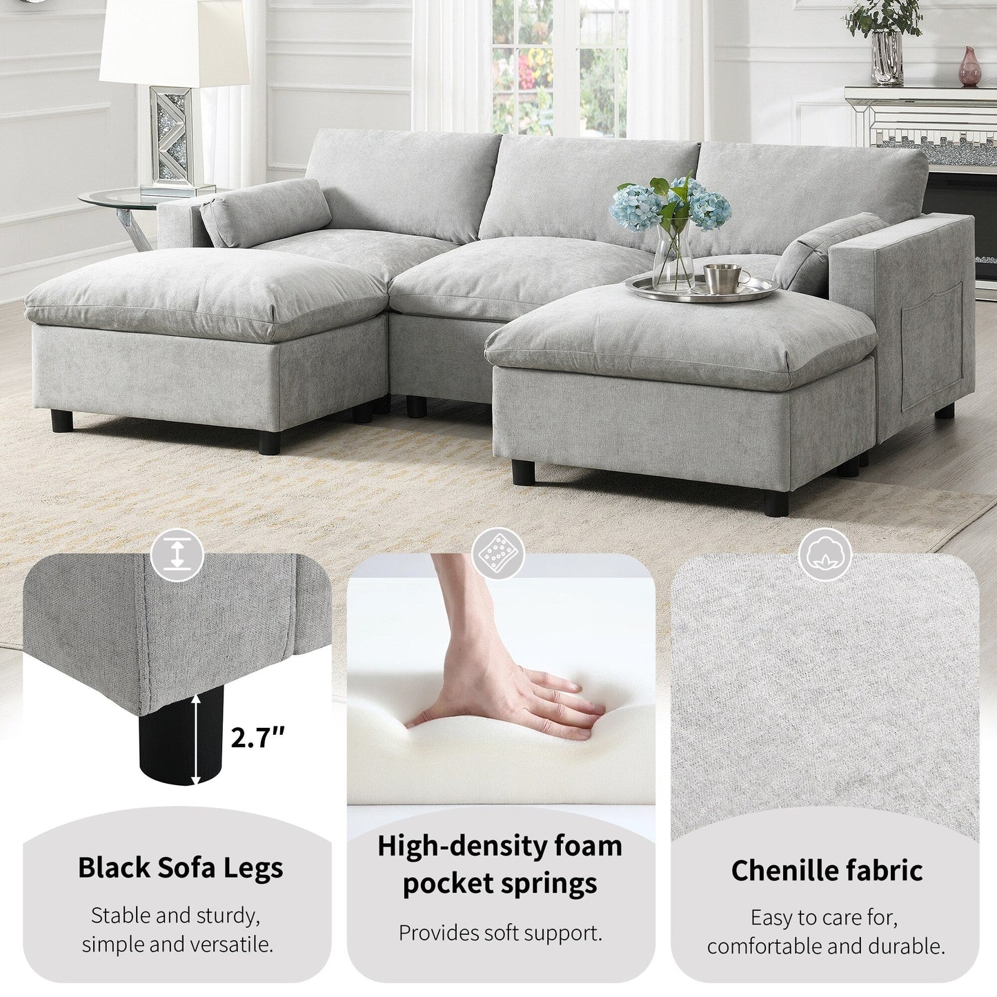 Roomfitters 86.5 Chenille Modular Sectional Sofa, Storage Pockets, 5 Seat U-Shaped Couch with Pillows & 2 Ottomans