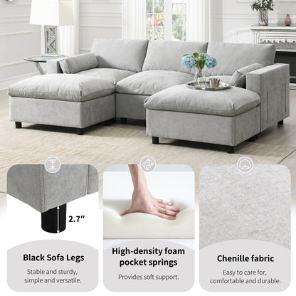 Roomfitters 86.5 Chenille Modular Sectional Sofa, Storage Pockets, 5 Seat U-Shaped Couch with Pillows & 2 Ottomans