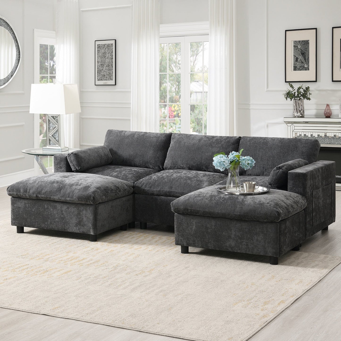 Roomfitters 86.5 Chenille Modular Sectional Sofa, Storage Pockets, 5 Seat U-Shaped Couch with Pillows & 2 Ottomans