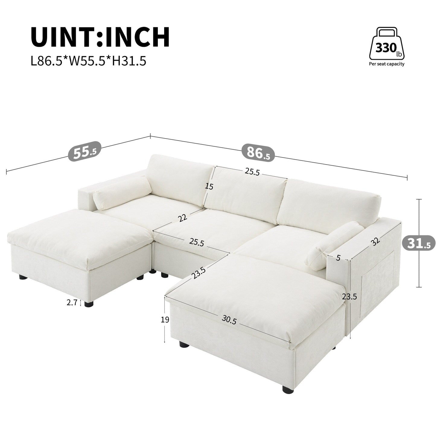 Roomfitters 86.5 Chenille Modular Sectional Sofa, Storage Pockets, 5 Seat U-Shaped Couch with Pillows & 2 Ottomans