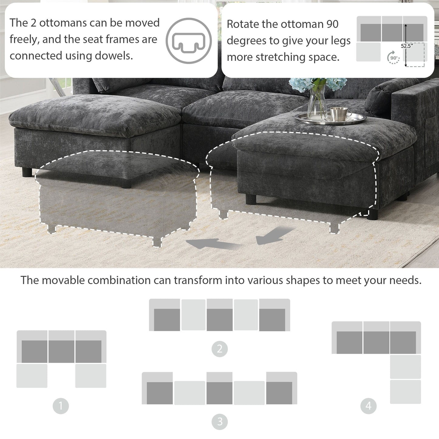 Roomfitters 86.5 Chenille Modular Sectional Sofa, Storage Pockets, 5 Seat U-Shaped Couch with Pillows & 2 Ottomans