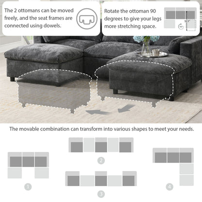 Roomfitters 86.5 Chenille Modular Sectional Sofa, Storage Pockets, 5 Seat U-Shaped Couch with Pillows & 2 Ottomans