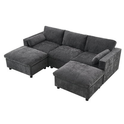 Roomfitters 86.5 Chenille Modular Sectional Sofa, Storage Pockets, 5 Seat U-Shaped Couch with Pillows & 2 Ottomans