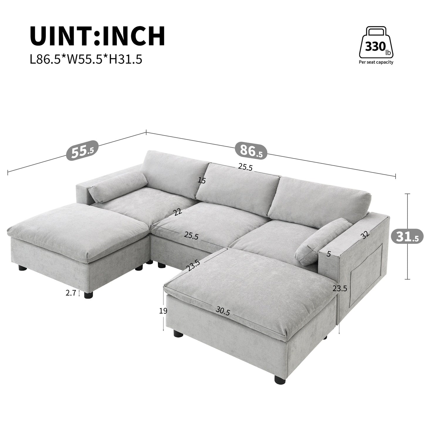 Roomfitters 86.5 Chenille Modular Sectional Sofa, Storage Pockets, 5 Seat U-Shaped Couch with Pillows & 2 Ottomans