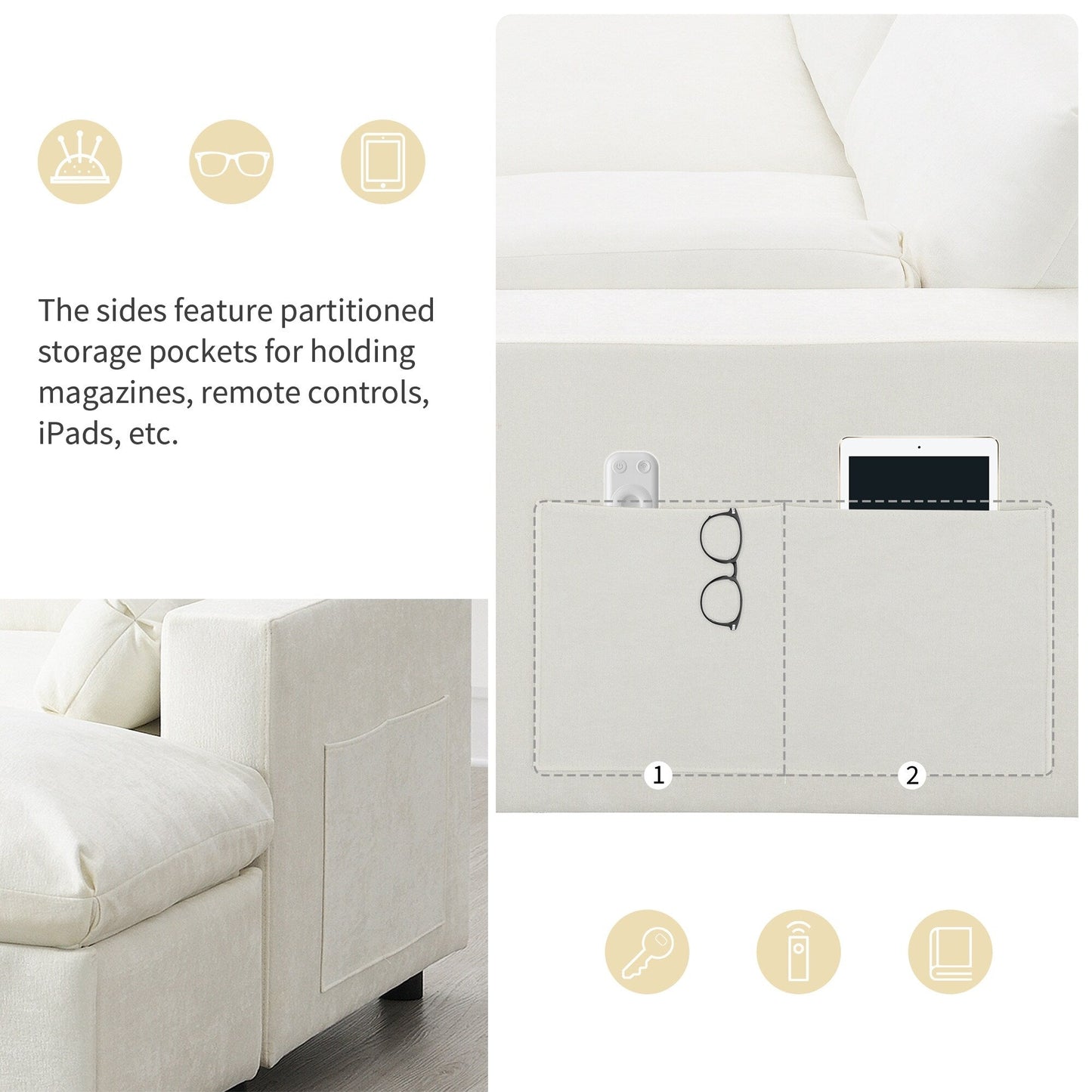 Roomfitters 86.5 Chenille Modular Sectional Sofa, Storage Pockets, 5 Seat U-Shaped Couch with Pillows & 2 Ottomans