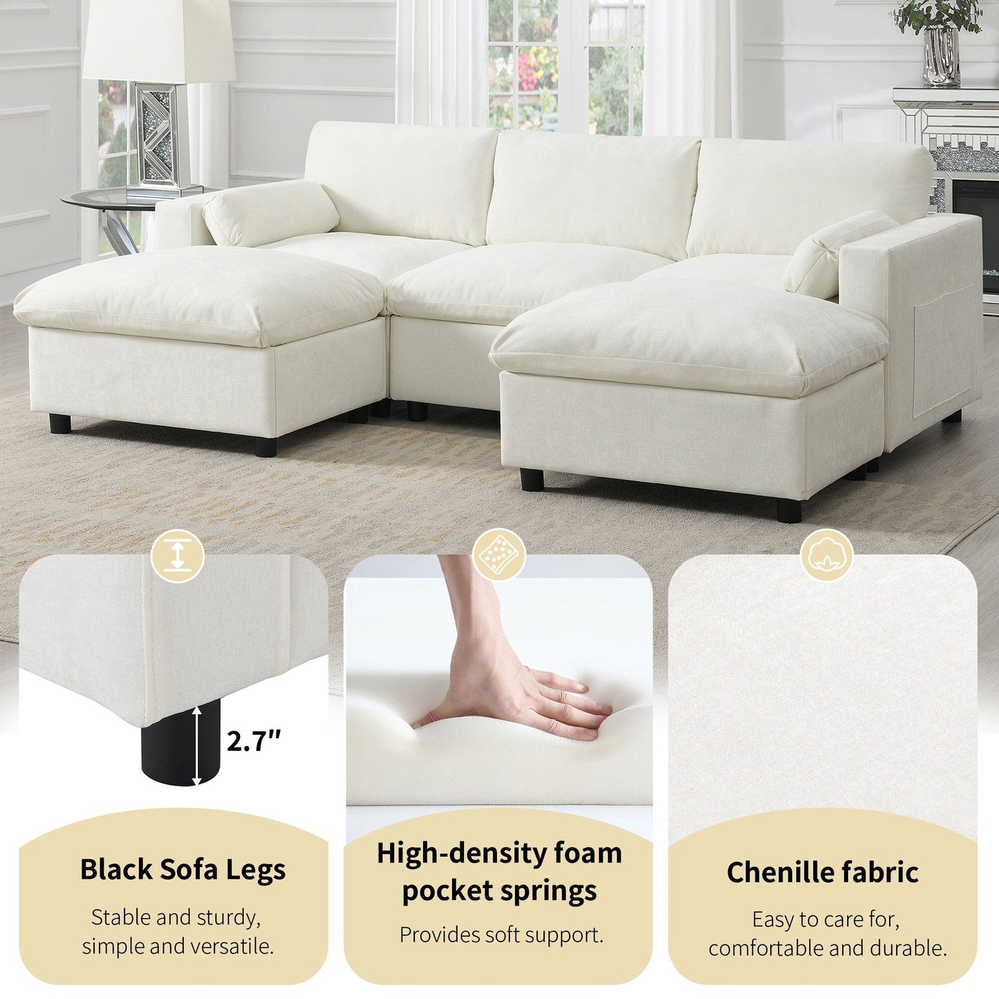 Roomfitters 86.5 Chenille Modular Sectional Sofa, Storage Pockets, 5 Seat U-Shaped Couch with Pillows & 2 Ottomans