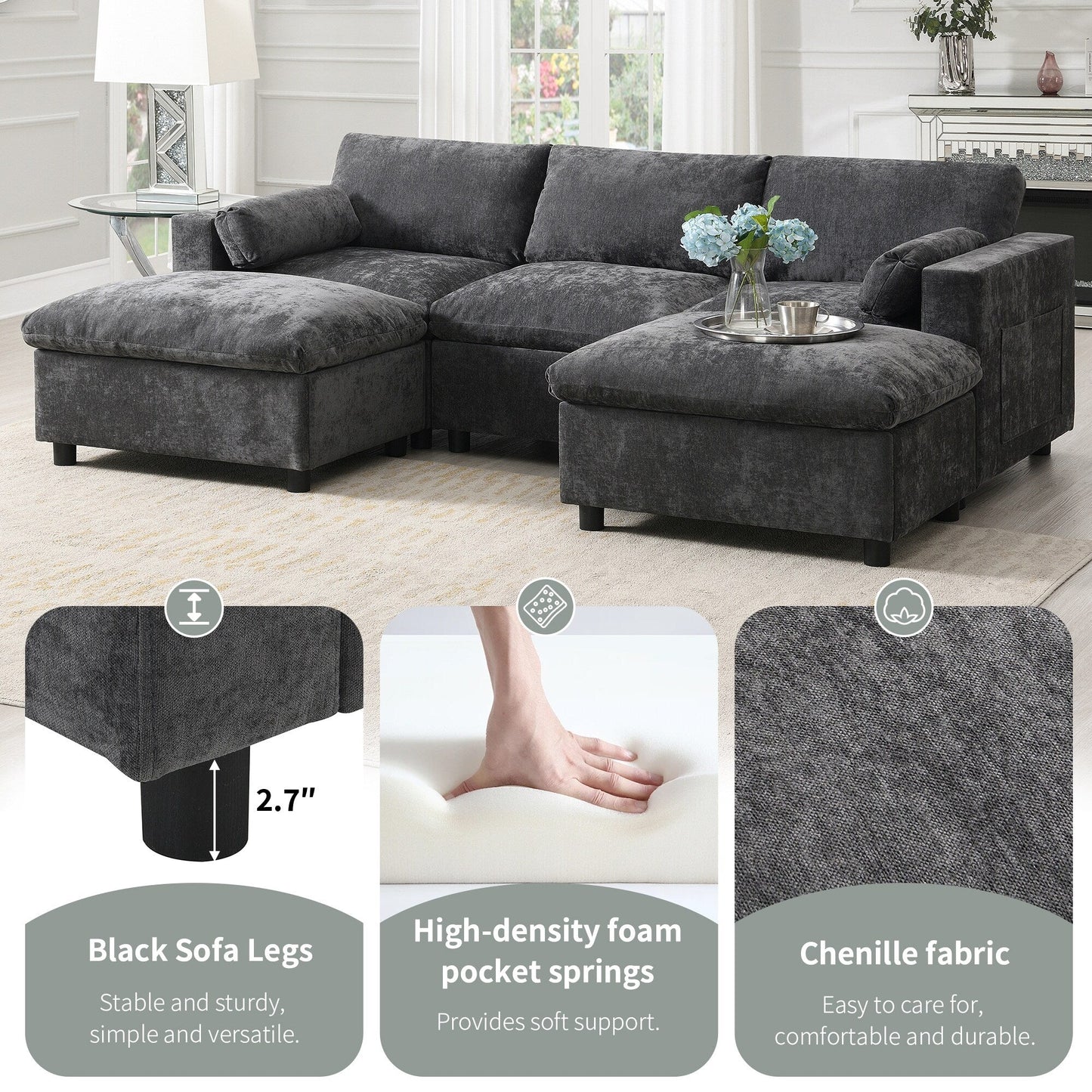 Roomfitters 86.5 Chenille Modular Sectional Sofa, Storage Pockets, 5 Seat U-Shaped Couch with Pillows & 2 Ottomans