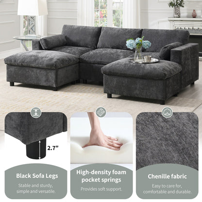 Roomfitters 86.5 Chenille Modular Sectional Sofa, Storage Pockets, 5 Seat U-Shaped Couch with Pillows & 2 Ottomans