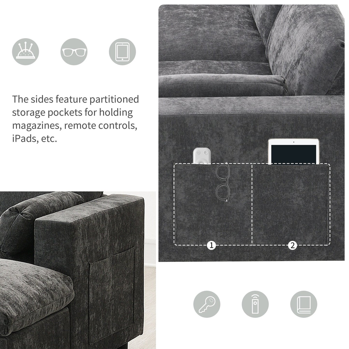 Roomfitters 86.5 Chenille Modular Sectional Sofa, Storage Pockets, 5 Seat U-Shaped Couch with Pillows & 2 Ottomans