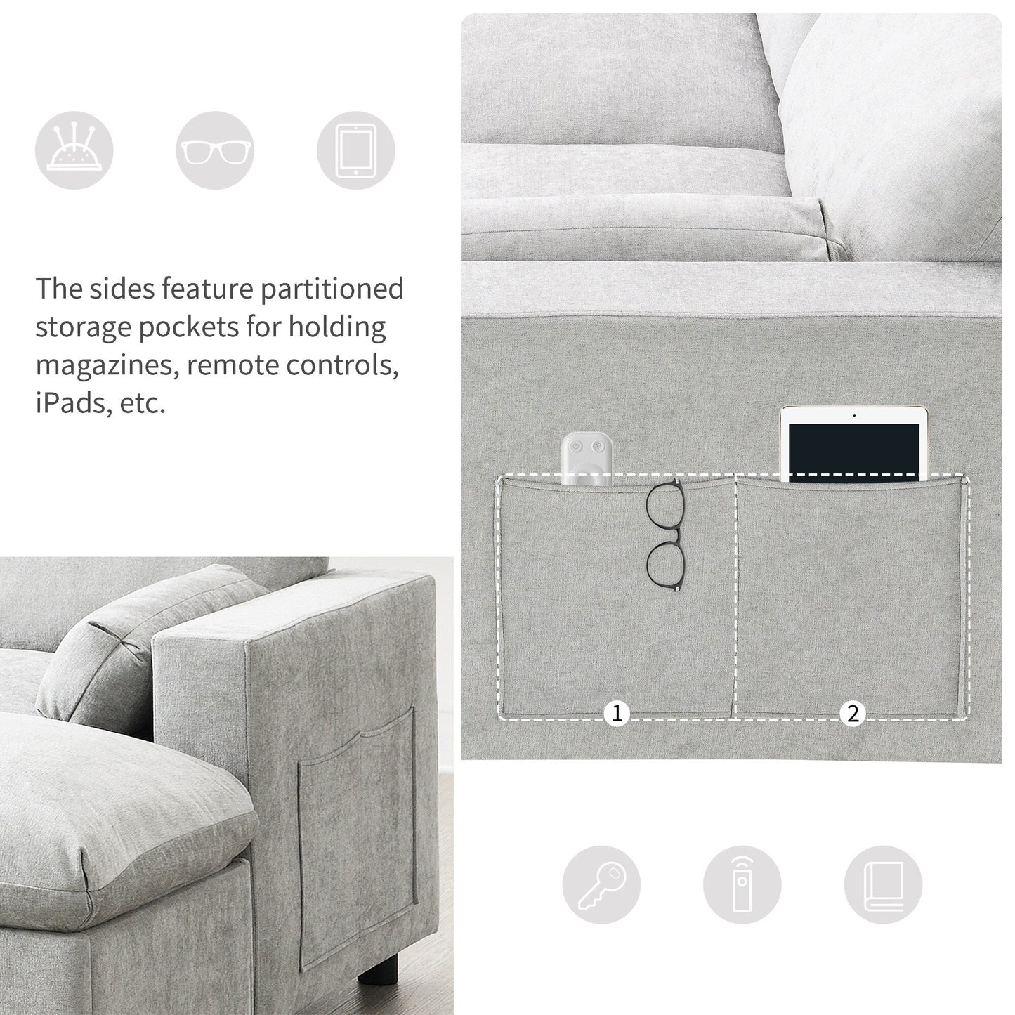 Roomfitters 86.5 Chenille Modular Sectional Sofa, Storage Pockets, 5 Seat U-Shaped Couch with Pillows & 2 Ottomans
