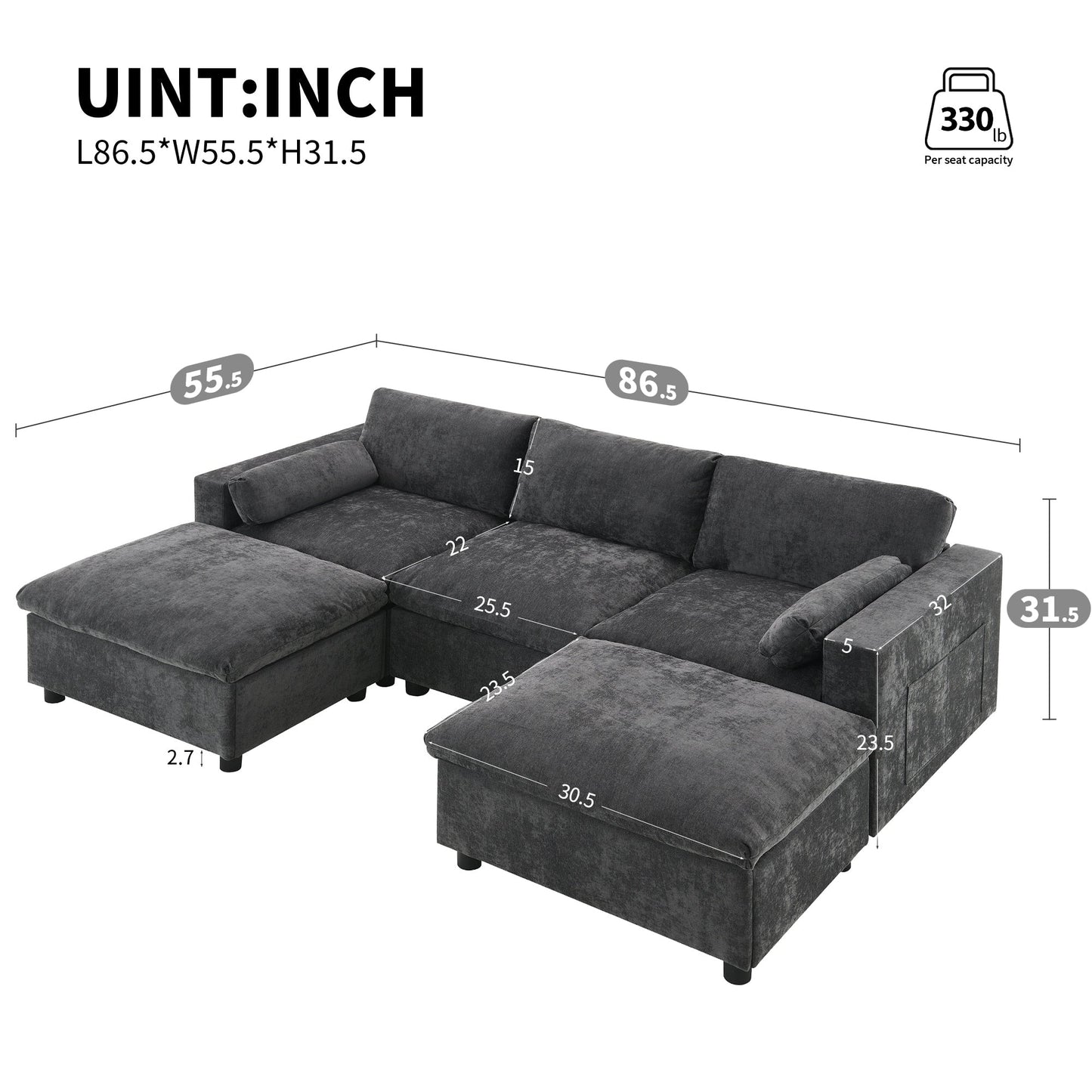 Roomfitters 86.5 Chenille Modular Sectional Sofa, Storage Pockets, 5 Seat U-Shaped Couch with Pillows & 2 Ottomans