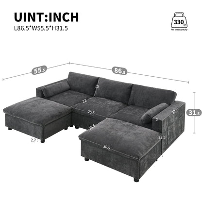 Roomfitters 86.5 Chenille Modular Sectional Sofa, Storage Pockets, 5 Seat U-Shaped Couch with Pillows & 2 Ottomans