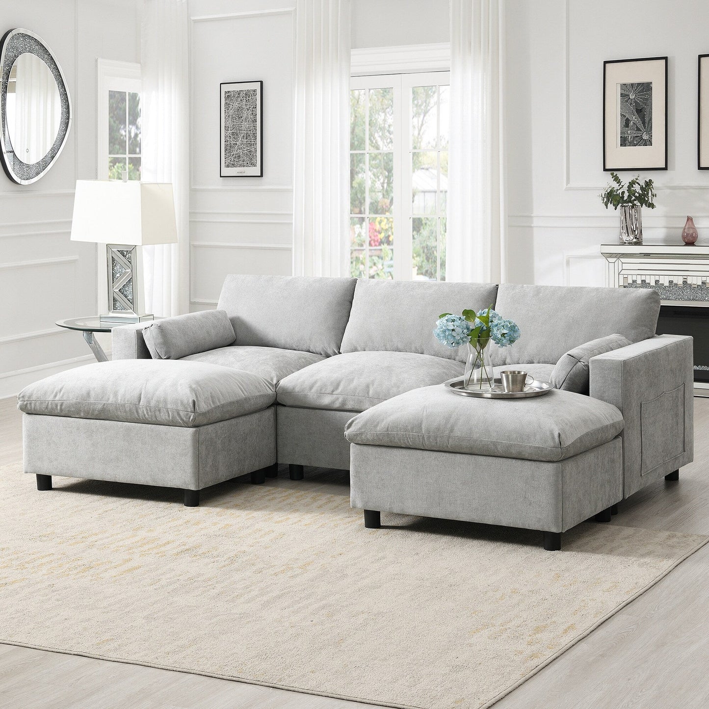 Roomfitters 86.5 Chenille Modular Sectional Sofa, Storage Pockets, 5 Seat U-Shaped Couch with Pillows & 2 Ottomans