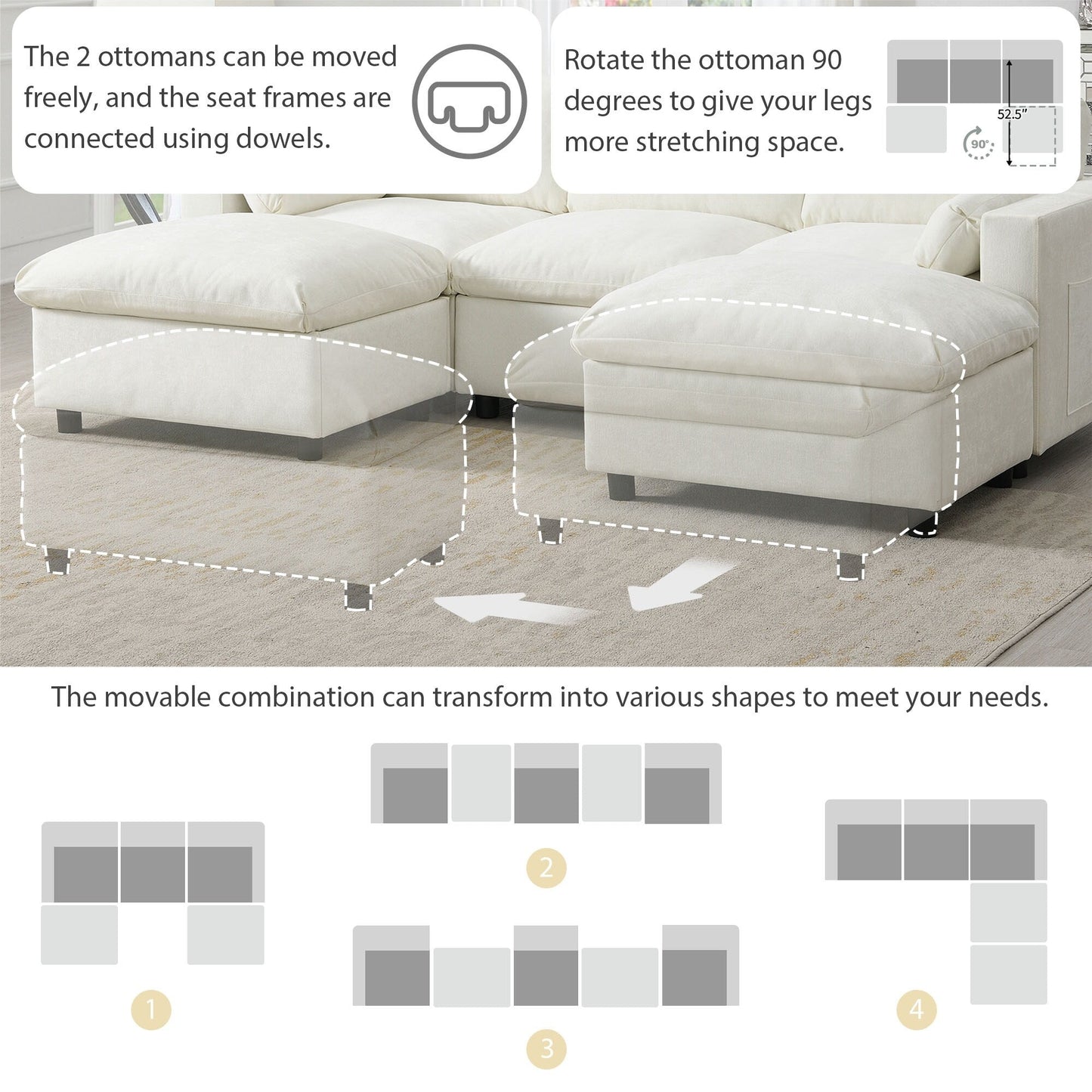 Roomfitters 86.5 Chenille Modular Sectional Sofa, Storage Pockets, 5 Seat U-Shaped Couch with Pillows & 2 Ottomans