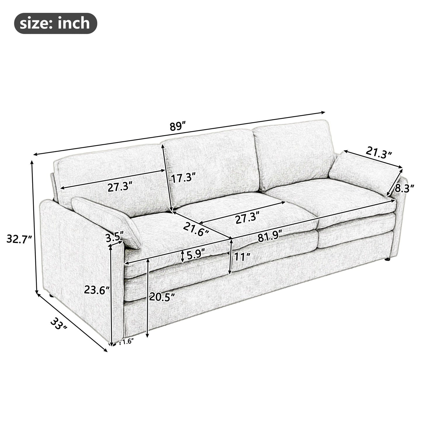 Roomfitters 89 Oversized Upholstered 3-Seater Cloud Sofa with Dual Plush Cushions