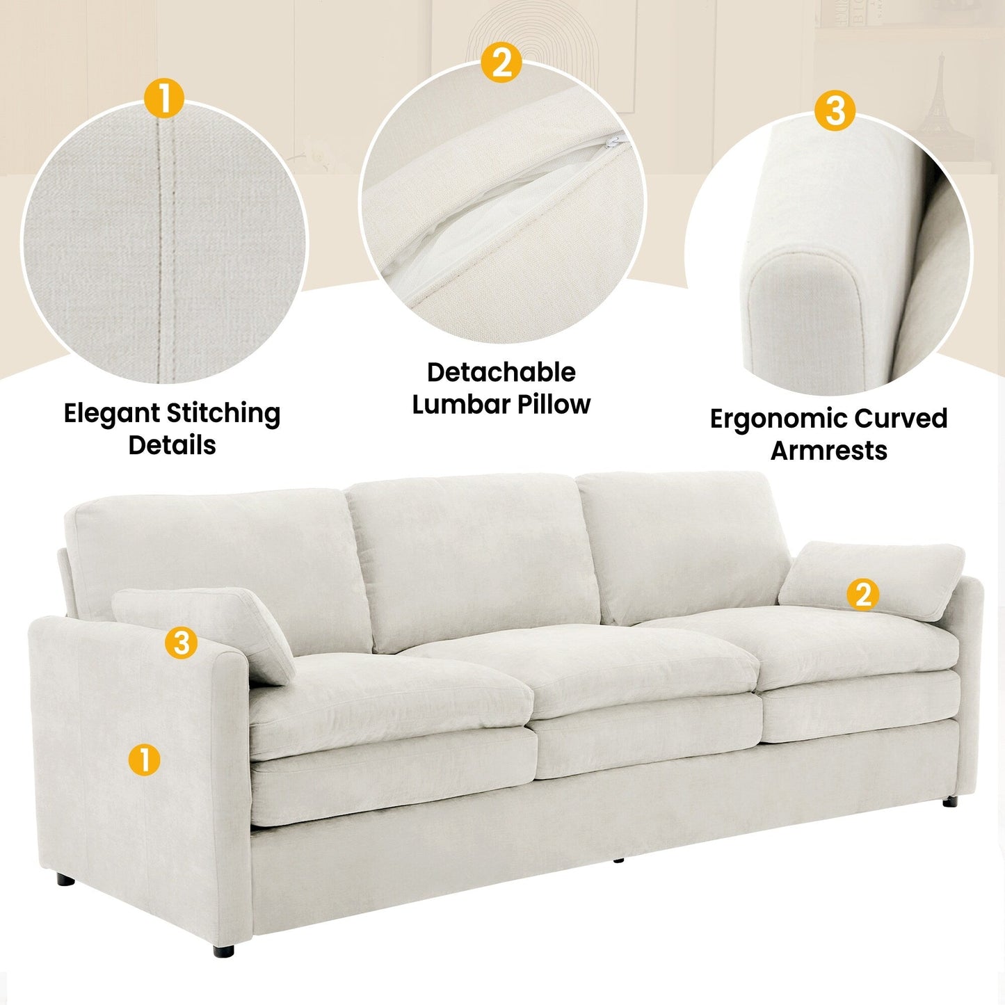 Roomfitters 89 Oversized Upholstered 3-Seater Cloud Sofa with Dual Plush Cushions