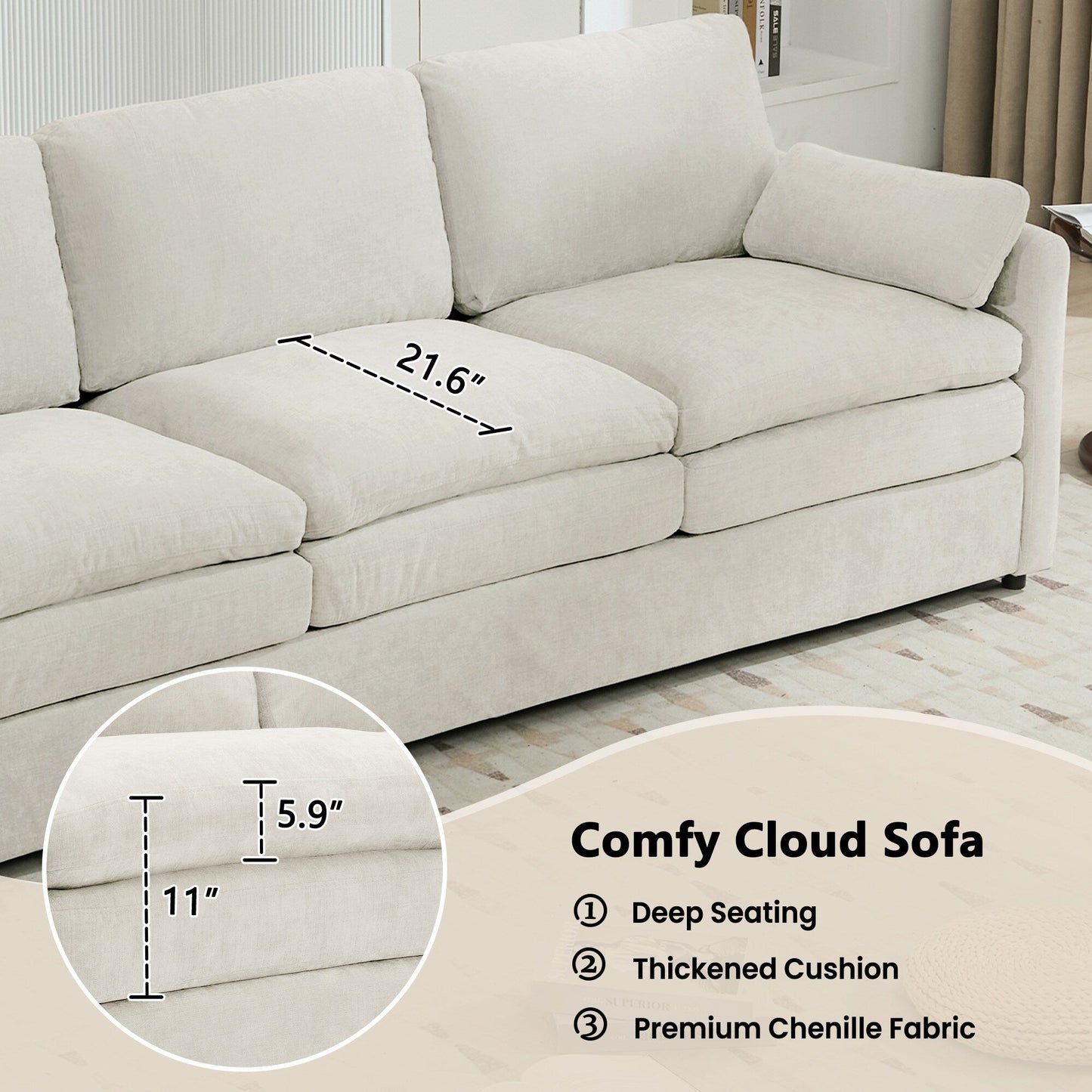 Roomfitters 89 Oversized Upholstered 3-Seater Cloud Sofa with Dual Plush Cushions