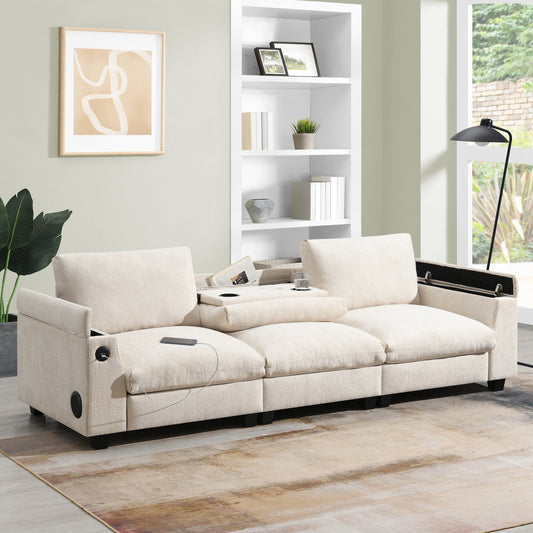 Roomfitters 96'' x 35'' Chenille Sectional Sofa with Bluetooth Speaker, Comfy Cloud Couch Set with Drop-Down Table, USB Charger