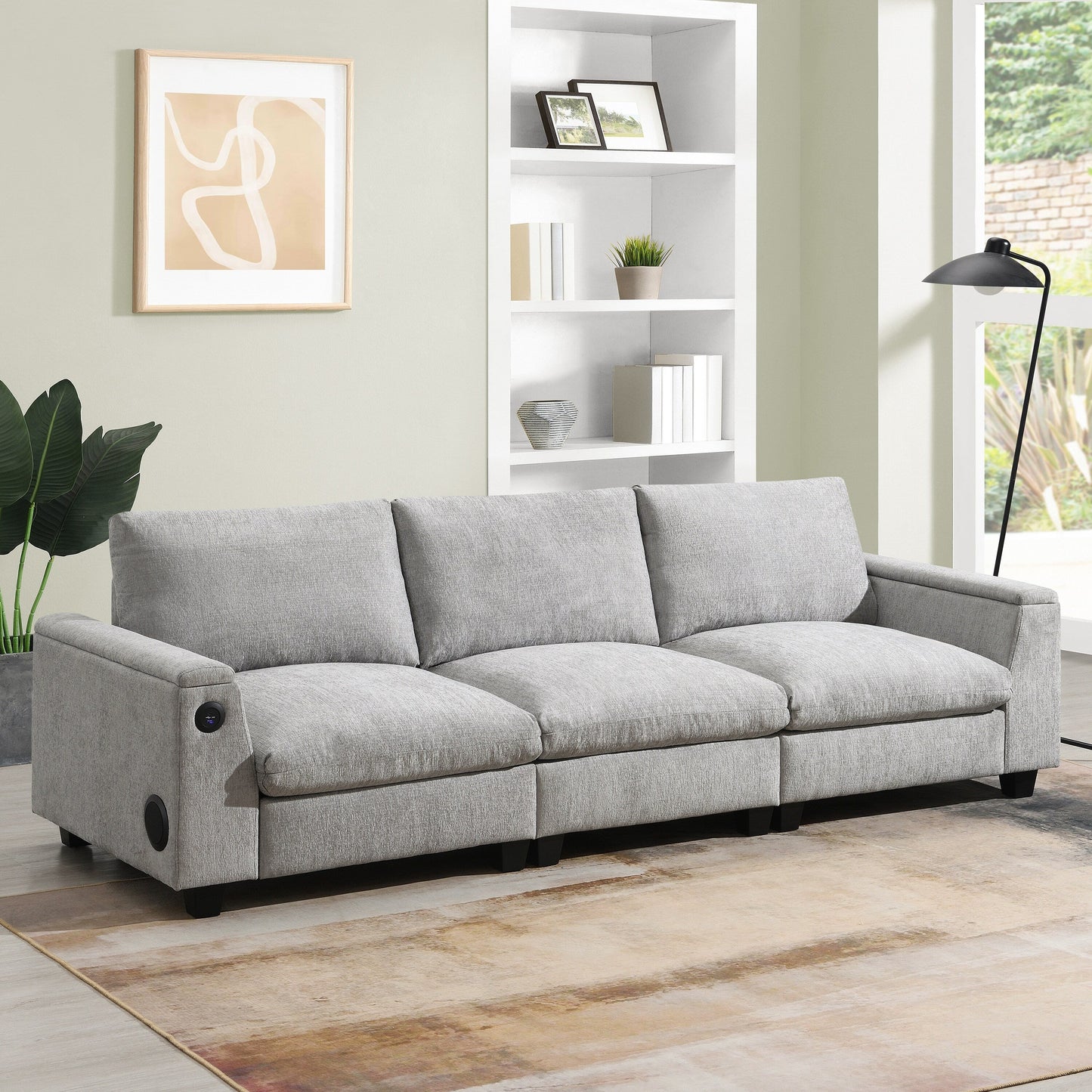 Roomfitters 96'' x 35'' Chenille Sectional Sofa with Bluetooth Speaker, Comfy Cloud Couch Set with Drop-Down Table, USB Charger