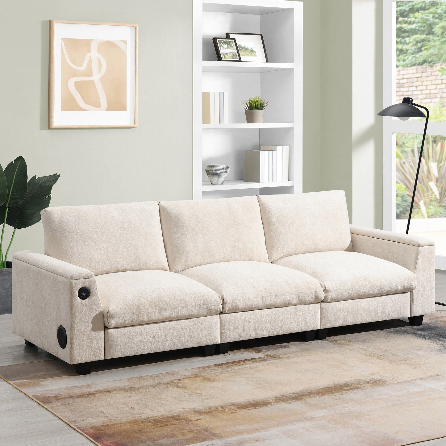 Roomfitters 96'' x 35'' Chenille Sectional Sofa with Bluetooth Speaker, Comfy Cloud Couch Set with Drop-Down Table, USB Charger