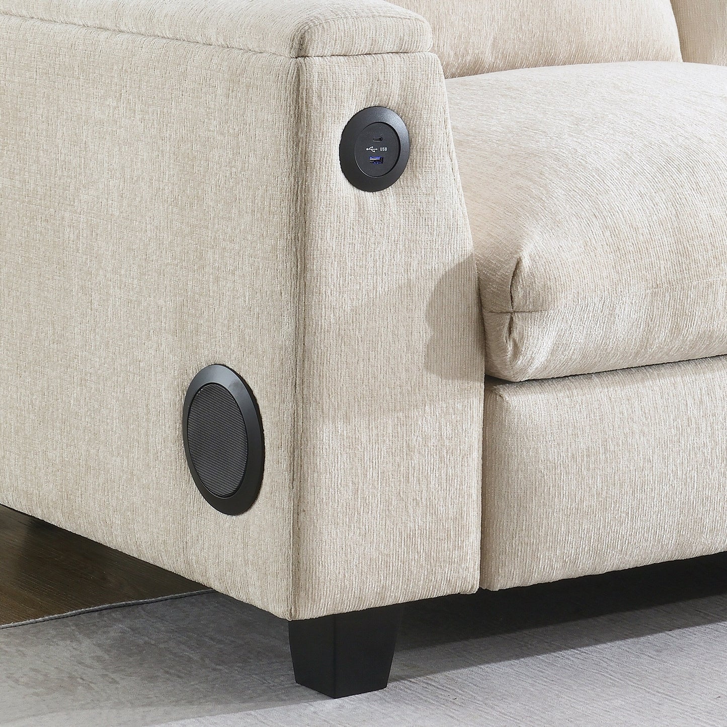 Roomfitters 96'' x 35'' Chenille Sectional Sofa with Bluetooth Speaker, Comfy Cloud Couch Set with Drop-Down Table, USB Charger