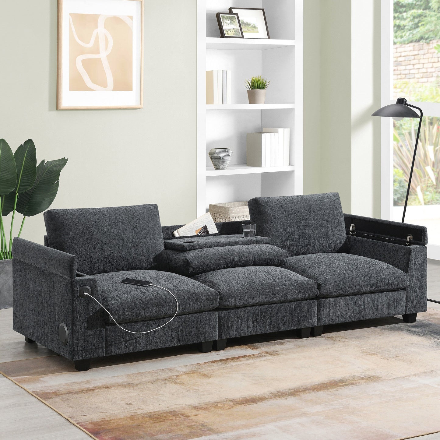 Roomfitters 96'' x 35'' Chenille Sectional Sofa with Bluetooth Speaker, Comfy Cloud Couch Set with Drop-Down Table, USB Charger