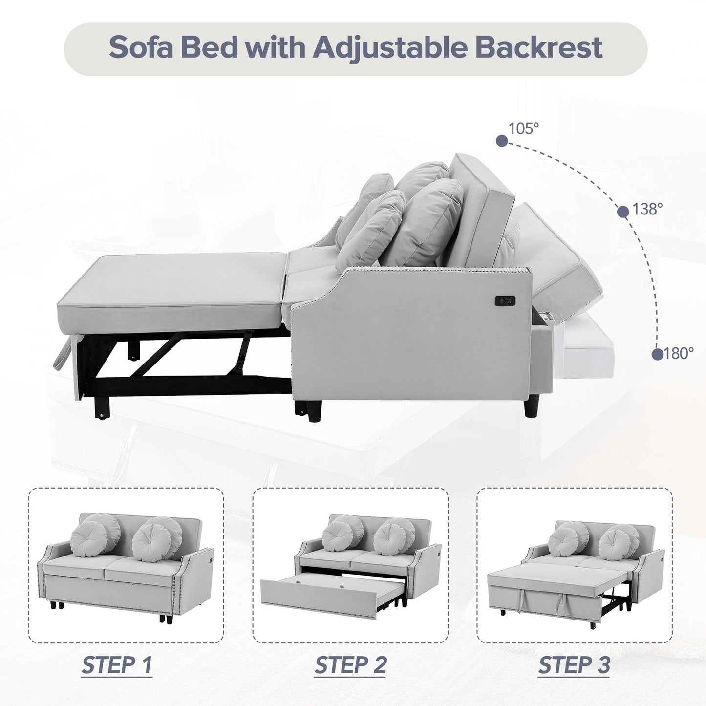 Roomfitters Adjustable Sofa Bed with Button Tufted Backrest, USB Ports, and Floral Lumbar Pillows, Perfect for Living Room