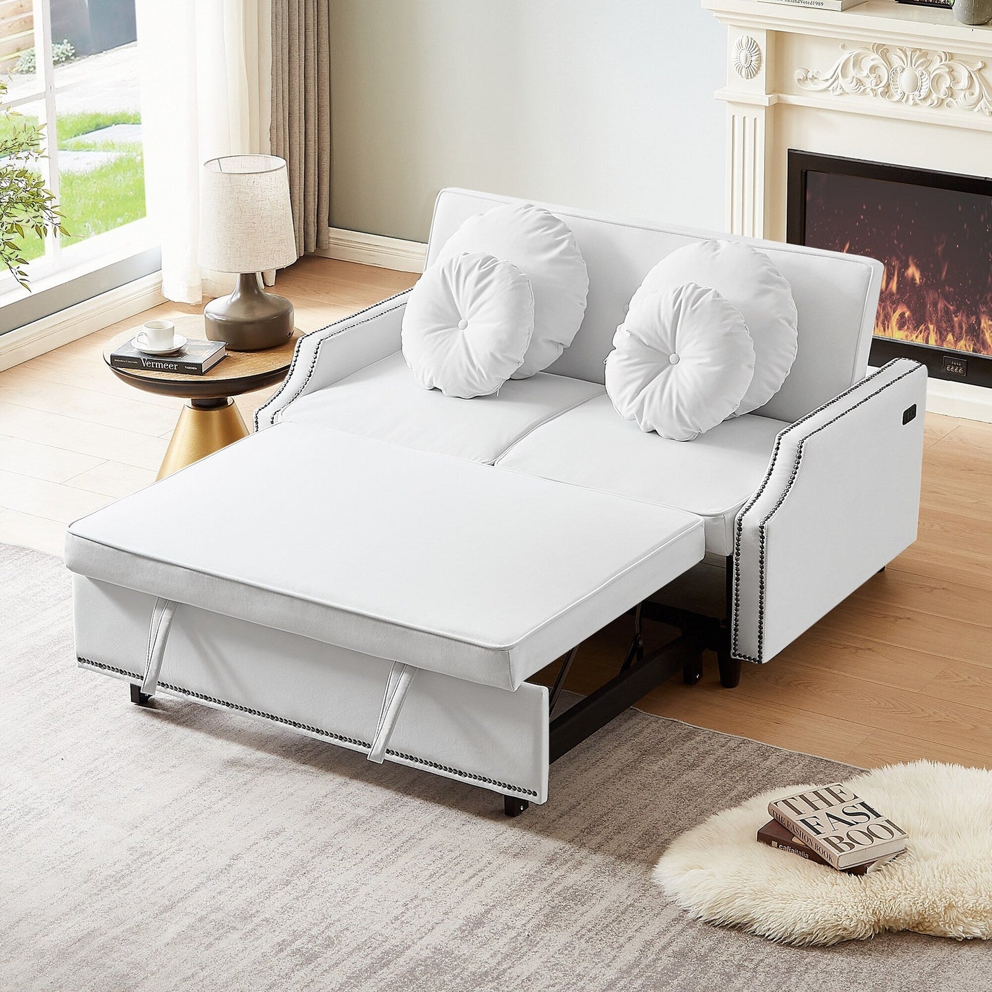 Roomfitters Adjustable Sofa Bed with Button Tufted Backrest, USB Ports, and Floral Lumbar Pillows, Perfect for Living Room