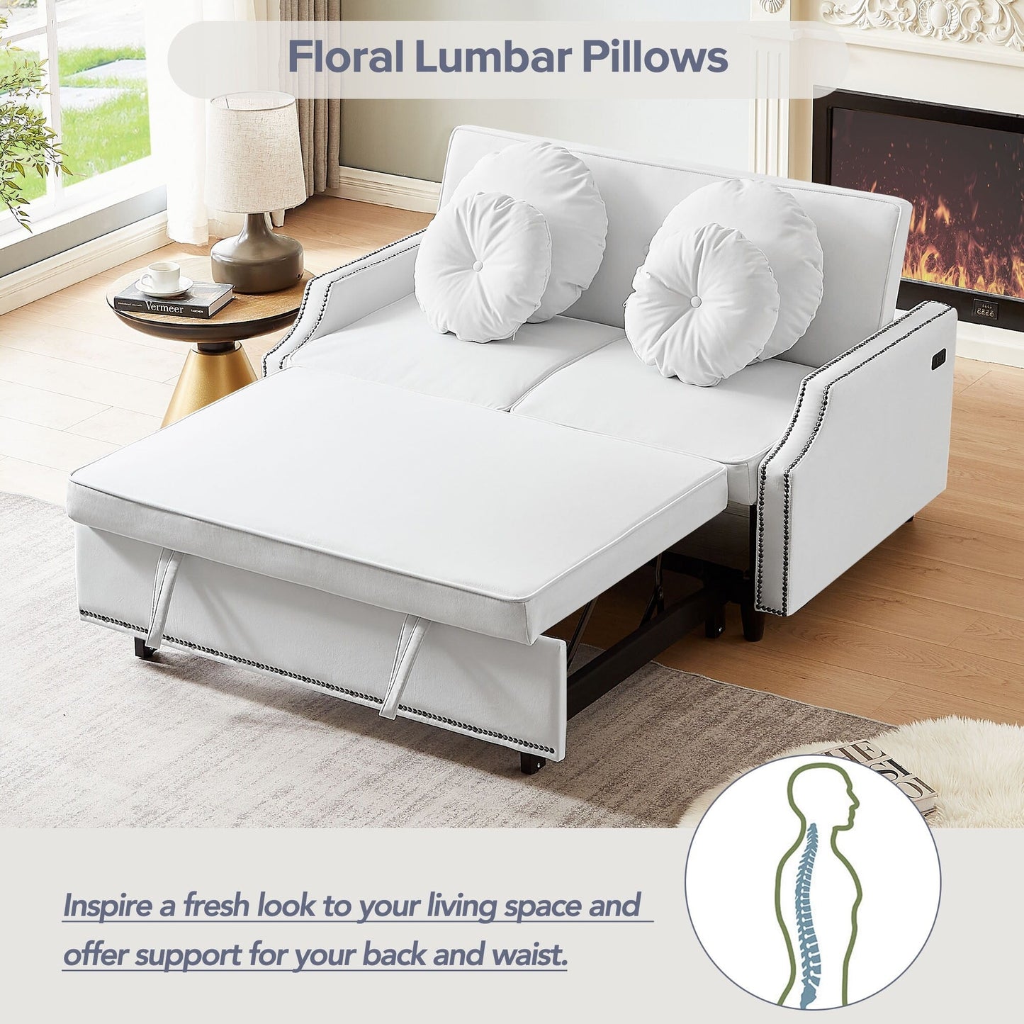 Roomfitters Adjustable Sofa Bed with Button Tufted Backrest, USB Ports, and Floral Lumbar Pillows, Perfect for Living Room