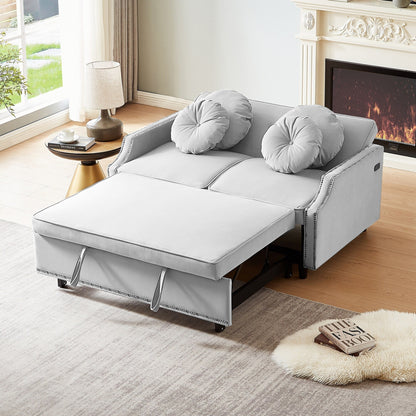 Roomfitters Adjustable Sofa Bed with Button Tufted Backrest, USB Ports, and Floral Lumbar Pillows, Perfect for Living Room