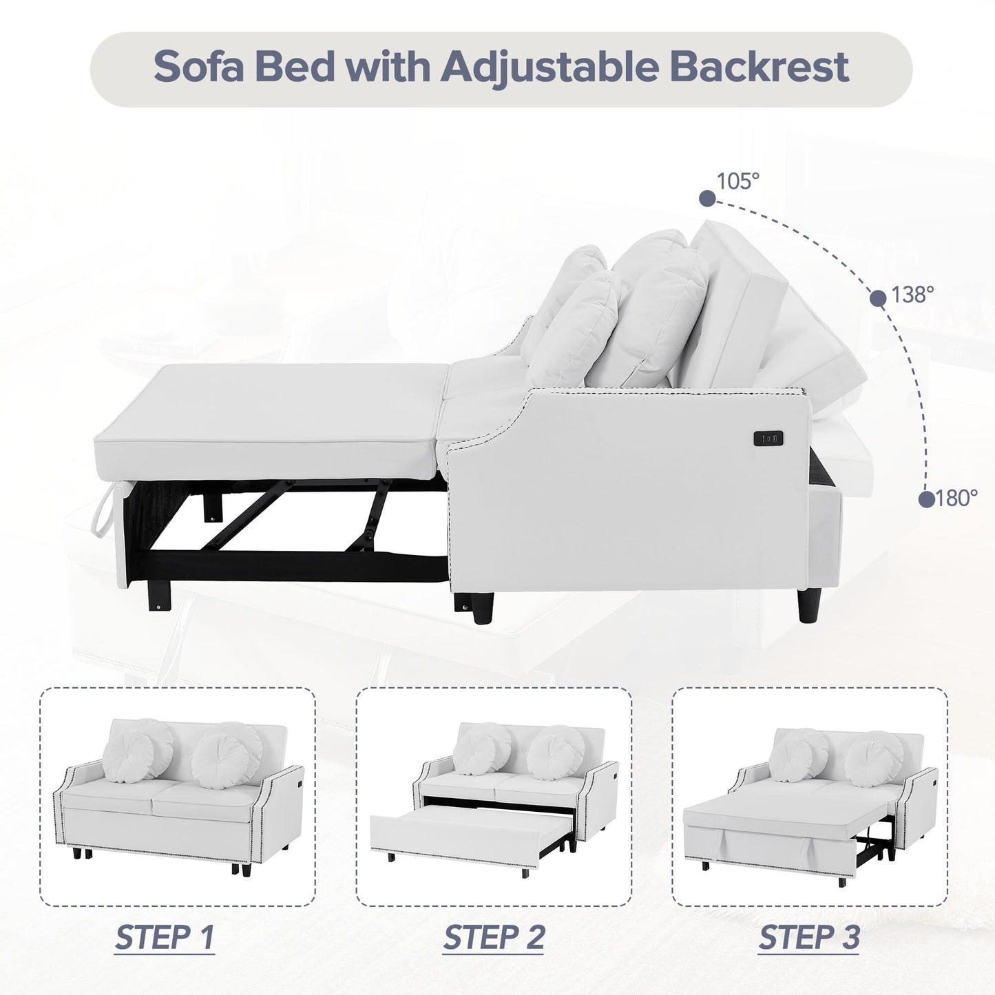 Roomfitters Adjustable Sofa Bed with Button Tufted Backrest, USB Ports, and Floral Lumbar Pillows, Perfect for Living Room