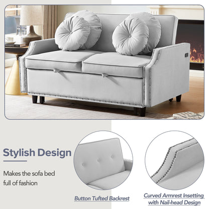 Roomfitters Adjustable Sofa Bed with Button Tufted Backrest, USB Ports, and Floral Lumbar Pillows, Perfect for Living Room