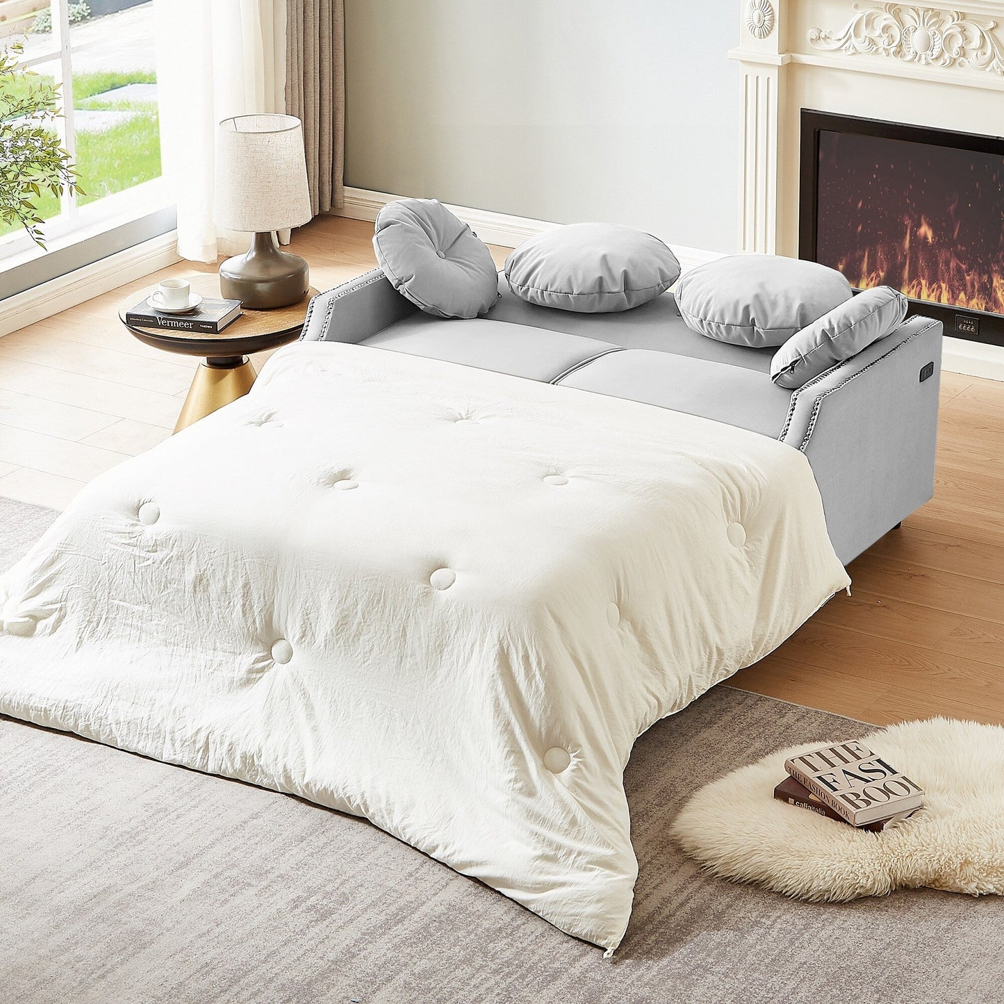 Roomfitters Adjustable Sofa Bed with Button Tufted Backrest, USB Ports, and Floral Lumbar Pillows, Perfect for Living Room