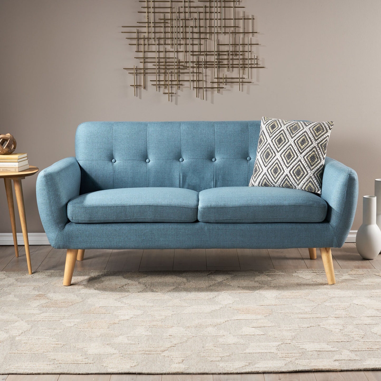 Roomfitters Charming Compact Loveseat with Button Tufted Back and Waffle Stitching for Small Spaces, Upholstered in Soft Fabric